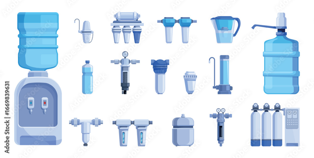 Cartoon water purification tools. Isolated filtering system for home ...