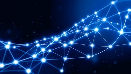 Glowing blue dots connected by lines form a futuristic digital network.