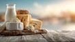 © Baju - Dairy selection on rustic wood, sunset backdrop