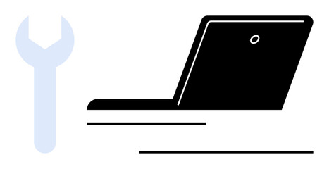 Open laptop next to wrench, symbolizing repair, tech support, and hardware troubleshooting. Ideal for tech service, IT support, troubleshooting, maintenance, repair innovation simple flat metaphor