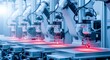 © wisnu - Automated robotic arms precisely position components on production line.  Rows of white robotic arms are focused on assembly tasks.