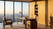 © Arip - Modern Executive Office with Panoramic City Views at Golden Hour, Featuring Sleek Wooden Furniture and a Sophisticated Workspace for Productivity.