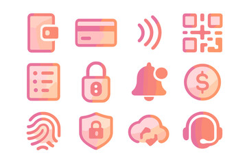 Digital Wallet Icons. Gradient icons set of digital wallet services: smartphone wallet, credit card, NFC symbol, QR code scanner,