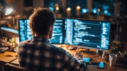 Focused Programmer Working Late at Computer Desk in Modern Office Environment with Coding on Display Screens