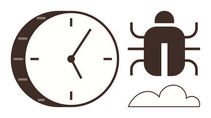 Clock face representing urgency, bug symbol for software issue, and cloud denoting cloud-based systems. Ideal for development, troubleshooting, IT tools, time management, cloud computing