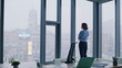 © stockbusters - Back businesswoman looking cityscape from office panoramic window. Elegant woman