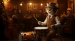 © Iuliia - Cat playing drums on stage in jazz club. Funny animal as musician with drumsticks, performing with band. Fantasy concert