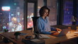 © stockbusters - Happy entrepreneur working night looking laptop closeup. Smiling businesswoman