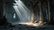 © MACHATOMI - Dramatic atmosphere inside a ruined temple, where light beams pierce through openings and fall onto a cracked stone floor with drifting haze