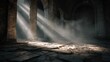© MACHATOMI - Dramatic atmosphere inside a ruined temple, where light beams pierce through openings and fall onto a cracked stone floor with drifting haze
