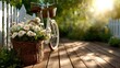 © JoxyAimages - A charming vintage bicycle is parked beside a lush basket of blooming flowers in a bright, sunlit garden, creating a picturesque scene that captures the essence of springtime beauty.