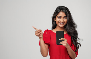 young beautiful indian woman showing smartphone screen
