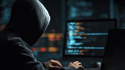 Person in hoodie working on a computer with code in a dark environment