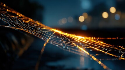 Dewy Spider Web Illuminated at Night