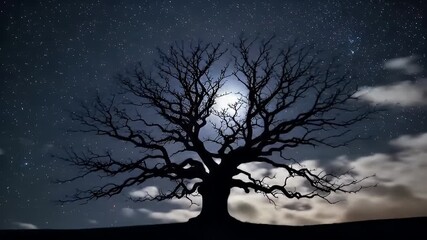 A Majestic Silhouette Of A Leafless Tree Under A Starry Night Sky With A Full Moon