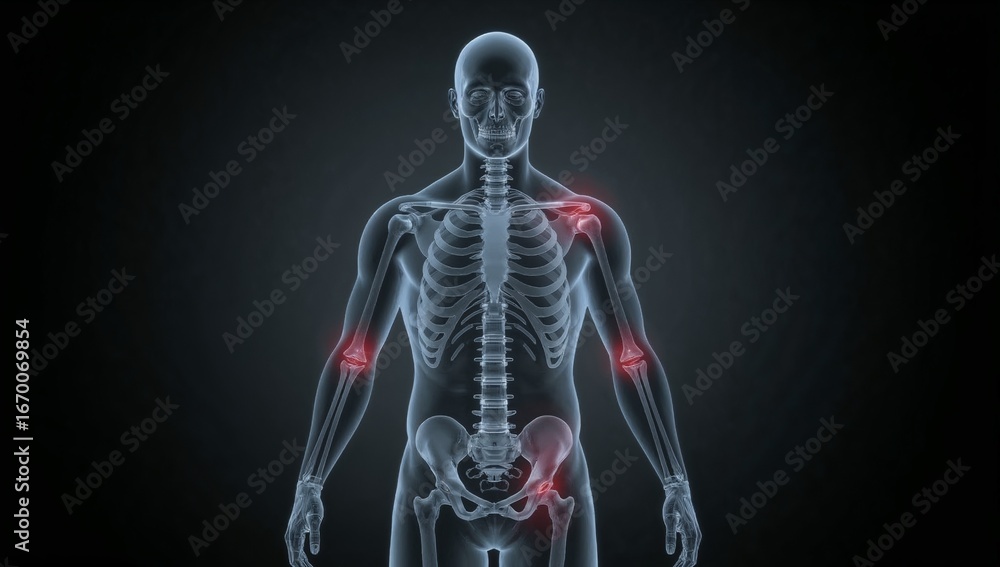 Human skeletal system with highlighted joints depicting pain and ...