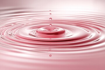 Pink liquid droplets cascade into a calm pool, creating concentric ripples and a small splash. Soft, diffused light reflects off surface