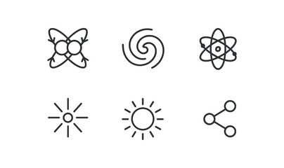 simple outline stroke icon isolated on white background: nuclear fusion plasma swirl orbit dots core burst sun icon science line
