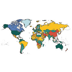  Detailed World Map Illustration with Colored Regions and Political Borders for Geography and Global Studies