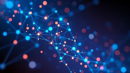 Abstract network of glowing nodes and connections in blue and orange floating in space.