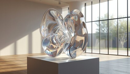 Sleek modern sculpture radiating light in bright airy gallery space inspires creativity and innovation