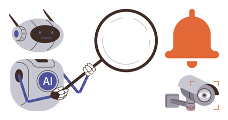 Wall Mural - AI robot holding magnifying glass examining a surveillance camera and notification alert icon. Ideal for technology, AI, surveillance, security, analysis, problem-solving, and innovation concepts