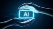 © Stock Haven - Two hands gently hold a glowing neon blue ai symbol against a dark futuristic background