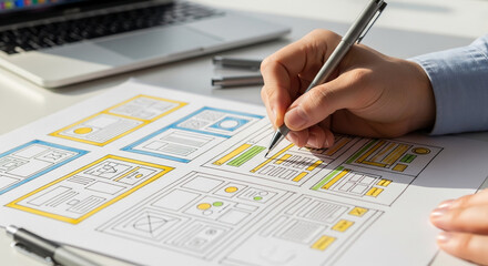 Hand sketching website layout on paper, showcasing web design process, creativity, and planning, representing website development, user interface, and digital strategy