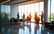 © hao - Business office interior with panoramic windows and beautiful lighting with blurred people casual wear. High quality
