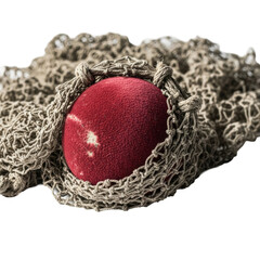 Faded crimson velvet sphere, worn, embraced by aged linen fishing net with frayed edges, desaturated, against transparent studio background, soft light. Concept of nostalgic beauty and quiet
