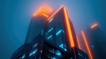 Wall Mural - Futuristic skyscrapers illuminated by neon lights in a foggy urban landscape at twilight