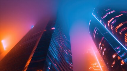 Wall Mural - Futuristic cityscape at night with illuminated skyscrapers shrouded in colorful fog and mist