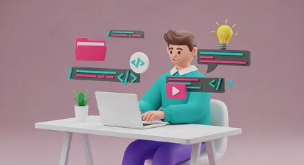 3D illustration of person working on laptop, surrounded by coding symbols and idea bulb, showcasing software development or online work concept
