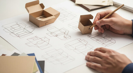 Hands sketching cardboard box designs, with sample boxes present, showcasing package design process and concept development for product packaging