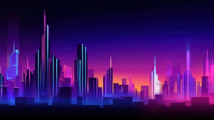 Wall Mural - Vibrant futuristic city skyline at sunset with towering skyscrapers and neon lights illuminating the scene