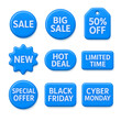 © Muzy Studio - Sale promotion 3D rendering blue badge and sticker pack on transparent background, glossy blue price tags and discount labels for Black Friday and Cyber Monday ecommerce marketing