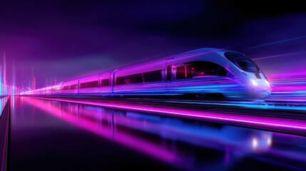 Wall Mural - Futuristic high-speed train gliding through a neon-lit landscape, reflecting vibrant colors in water