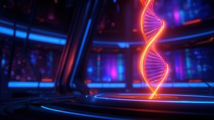 Wall Mural - vibrant dna helix illuminated in a futuristic lab, showcasing advanced technology and digital ambian