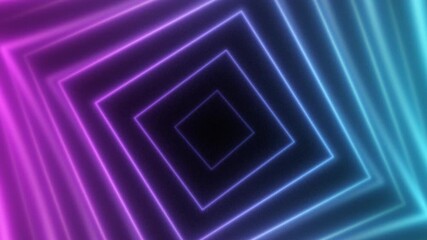 Wall Mural - abstract geometric neon tunnel of glowing squares in blue and purple tones creating a sense of infin