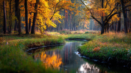  Serene autumn landscape featuring tranquil stream surrounded by vibrant orange and yellow foliage. reflection of trees in water creates picturesque scene, evoking sense of peace and natural beauty