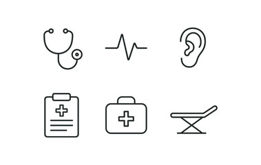 simple outline stroke icon isolated on white background: stethoscope ring pulse line ear tip patient chart medical bag exam table