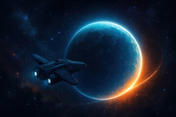 Wall Mural - Futuristic spaceship exploring distant planet.