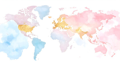  Watercolor World Map with Pink Blue and Gold Accents