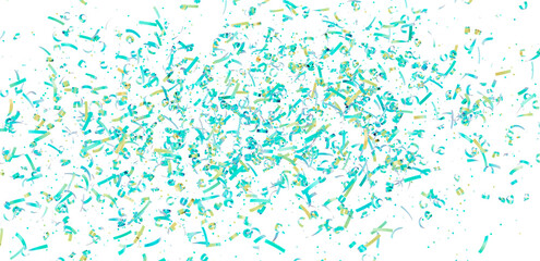 Celebrate with this festive image of teal and gold confetti exploding on a white background. Perfect for party invitations, banners, and more!