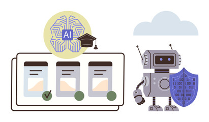 Wall Mural - Robot holding shield beside cloud, AI brain icon with graduation cap, and checklist interface. Ideal for AI education, cybersecurity, automation, technology innovation, machine learning, digital