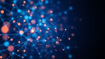 Abstract network of glowing nodes and connections in blue and orange floating in space.