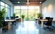 © fu - Blurred office interior background. Empty light open space office with big windows, many glasses walls, desks, chairs and green plants. Modern indoor business environment. High quality
