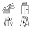 ©  MVectors - Line Art Vector Illustration of Stairs, Exit Door, Restroom Sign and Wet Floor Sign for Direction and Warning
