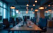© ning - Blurred office interior space background in the workplace with computer shallow depth of focus of abstract background, night time. High quality