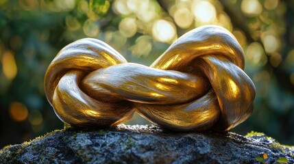 Golden knot on mossy rock, sunlit bokeh background.